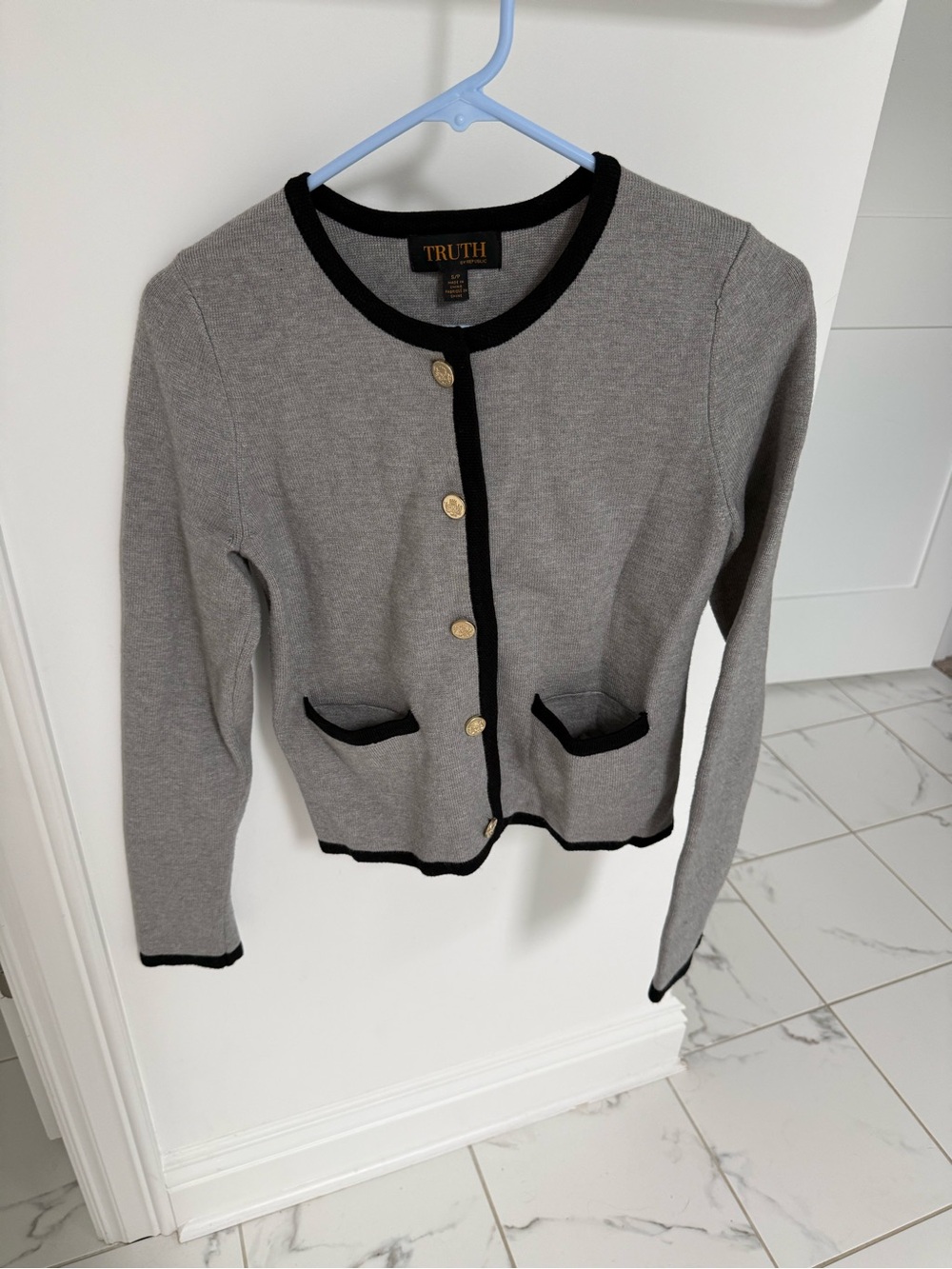 Truth Grey Cardigan with Black Trim and Gold Buttons